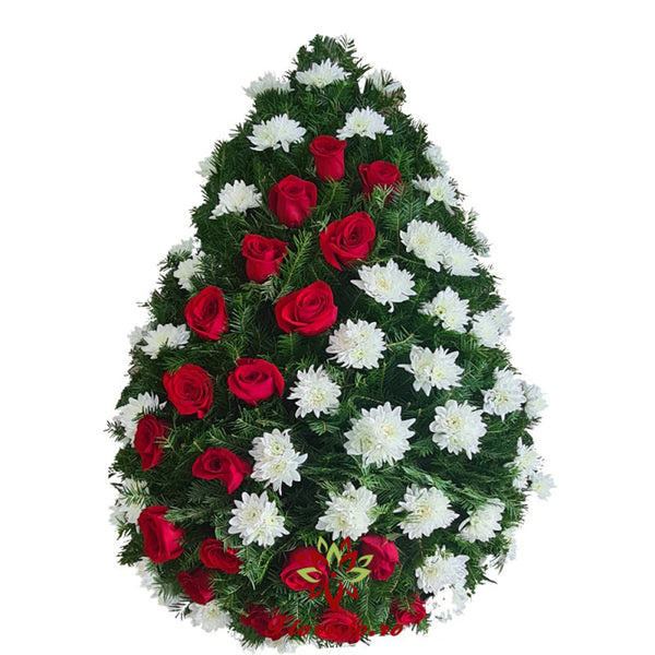 Coroana funerara cu crizantema si trandafiri rosii