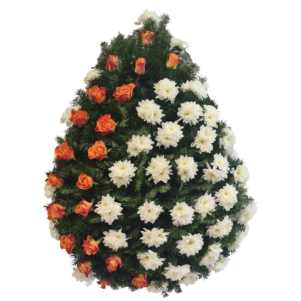 Coroana funerara cu crizanteme albe si trandafiri portocalii