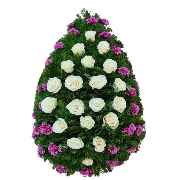 Coroana funerara cu crizanteme mov si trandafiri albi