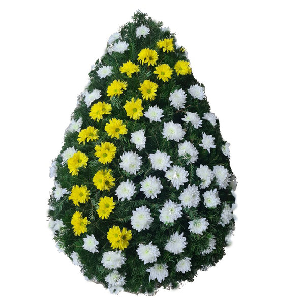 Coroana funerara din crizantema galbena si alba