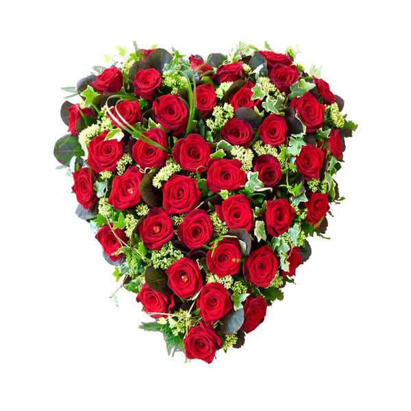 Coroana funerara in forma de inima din trandafiri rosii